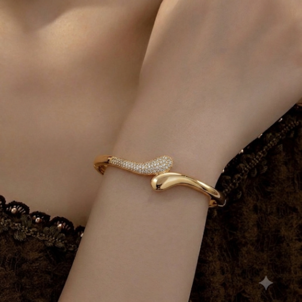 Untitled design (23) Elegant Navy Blue Leaf Abstract Enamel Gold Hinged Cuff Bracelet