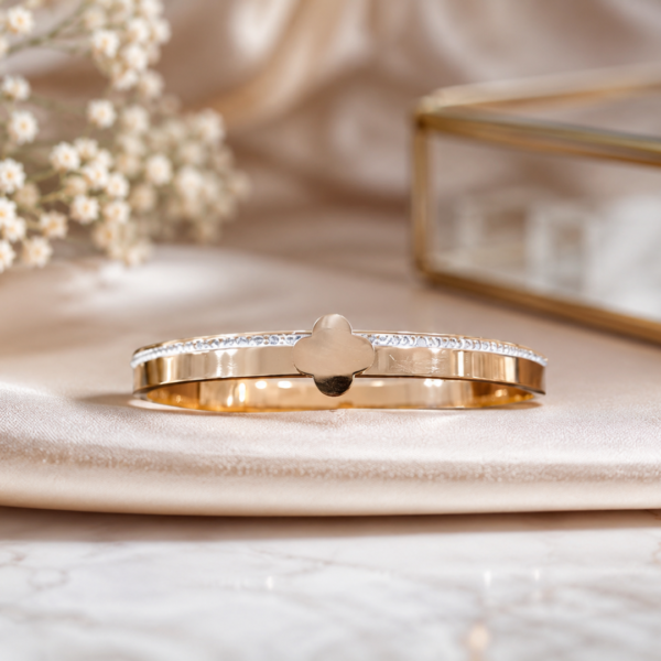 Untitled design (28) Elegant Clover Motif Crystal Gold Hinged Bangle Bracelet