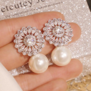 Elegant Floral Crystal and Pearl Drop Stud Earrings