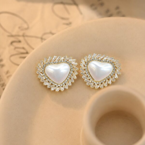 Elegant Heart-Shaped Pearl and Baguette Crystal Gold Stud Earrings