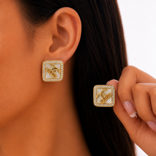 Untitled design (82) Elegant Square "PARIS" Interlocking Logo Pavé Crystal Gold Stud Earrings