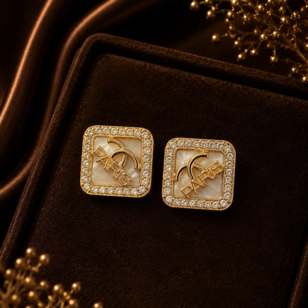 Untitled design (83) Elegant Square "PARIS" Interlocking Logo Pavé Crystal Gold Stud Earrings