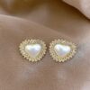 Elegant Heart-Shaped Pearl and Baguette Crystal Gold Stud Earrings