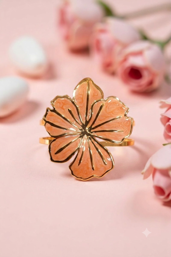 Elegant Peach Marbled Enamel Statement Flower Gold Cuff Bracelet