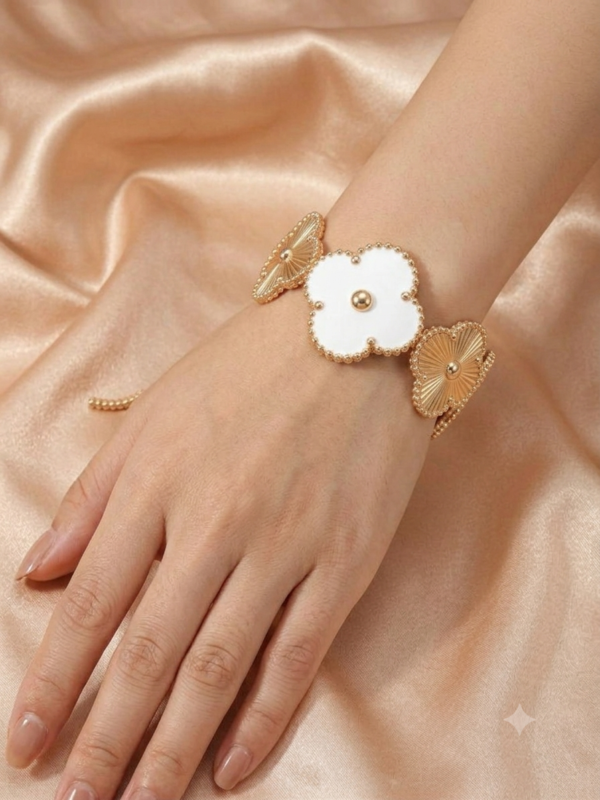 Elegant White Clover Quatrefoil Gold Hinged Cuff Bracelet with Beaded Edging