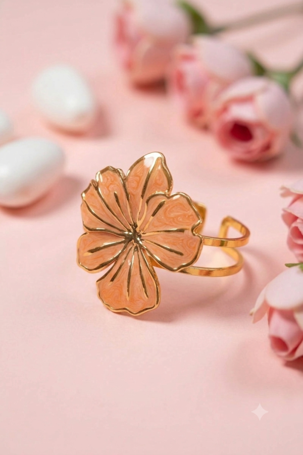 Elegant Peach Marbled Enamel Statement Flower Gold Cuff Bracelet