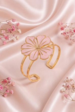 Elegant Baby Pink Marbled Enamel Statement Flower Gold Cuff Bracelet
