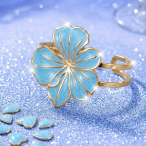 Untitled design (11) Elegant Sky Blue Marbled Enamel Statement Flower Gold Cuff Bracelet