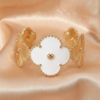 Elegant White Clover Quatrefoil Gold Hinged Cuff Bracelet with Beaded Edging