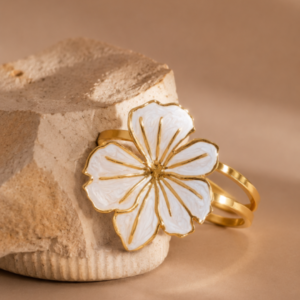 Elegant White Marbled Enamel Statement Flower Gold Cuff Bracelet