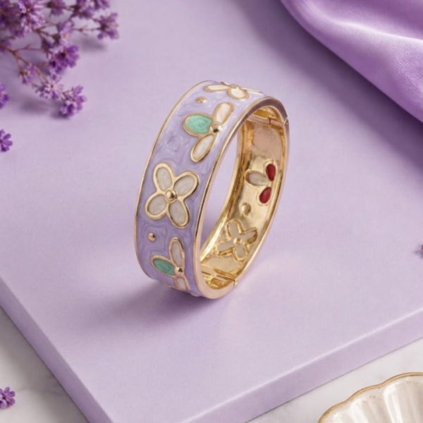 Enchanting Lavender Floral Marbled Enamel Hinged Bangle Bracelet