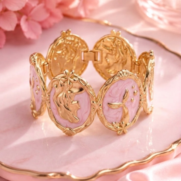 Vintage Mermaid Cameo Pink Enamel Gold Hinged Cuff Bracelet