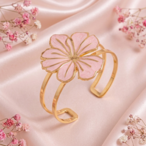 Untitled design (3) Elegant Baby Pink Marbled Enamel Statement Flower Gold Cuff Bracelet
