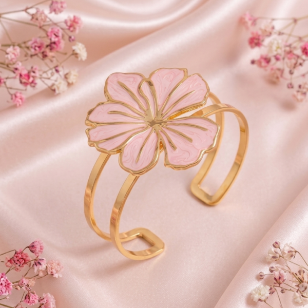 Elegant Baby Pink Marbled Enamel Statement Flower Gold Cuff Bracelet
