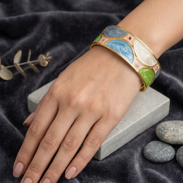 Untitled design (4) Pastel Geometric Marbled Enamel Gold Hinged Cuff Bracelet