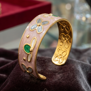 Untitled design (5) Elegant Blush Pink Marbled Enamel Floral Gold Hinged Cuff Bracelet