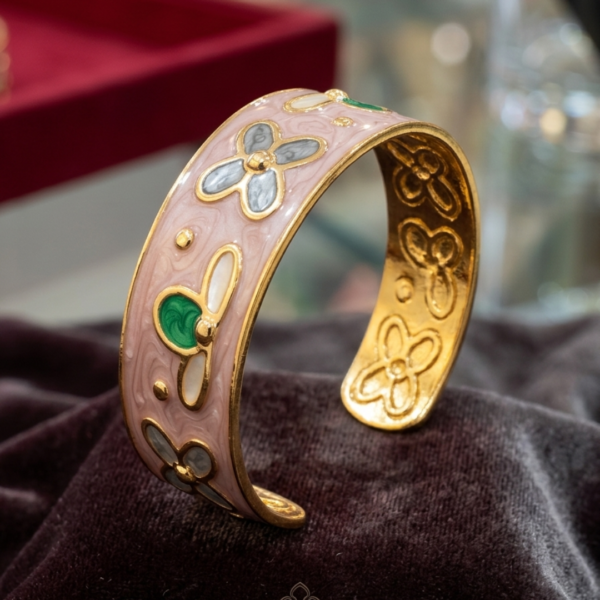 Untitled design (5) Elegant Blush Pink Marbled Enamel Floral Gold Hinged Cuff Bracelet