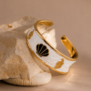 Elegant Nautical Seashell & Seahorse White Enamel Gold Hinged Bangle Bracelet