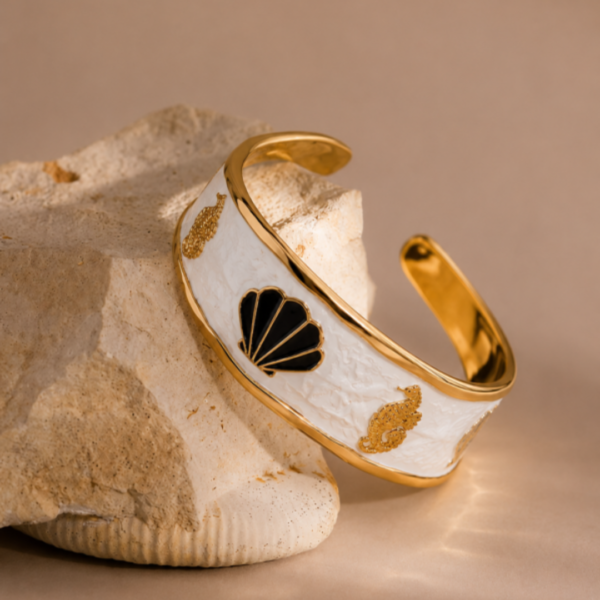 Elegant Nautical Seashell & Seahorse White Enamel Gold Hinged Bangle Bracelet