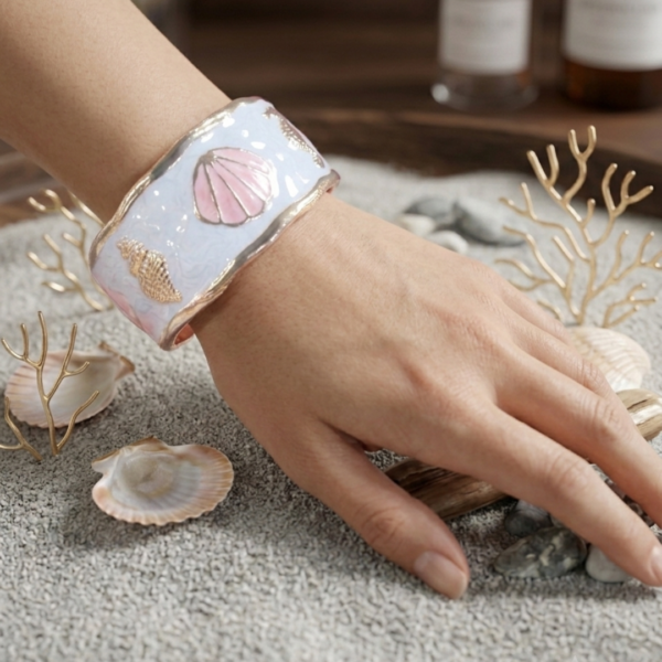 Elegant Marbled Enamel Gold Hinged Cuff Bracelet