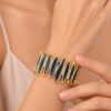 Modern Geometric Gold-Plated Hinged Cuff Bracelet with Navy Blue Enamel