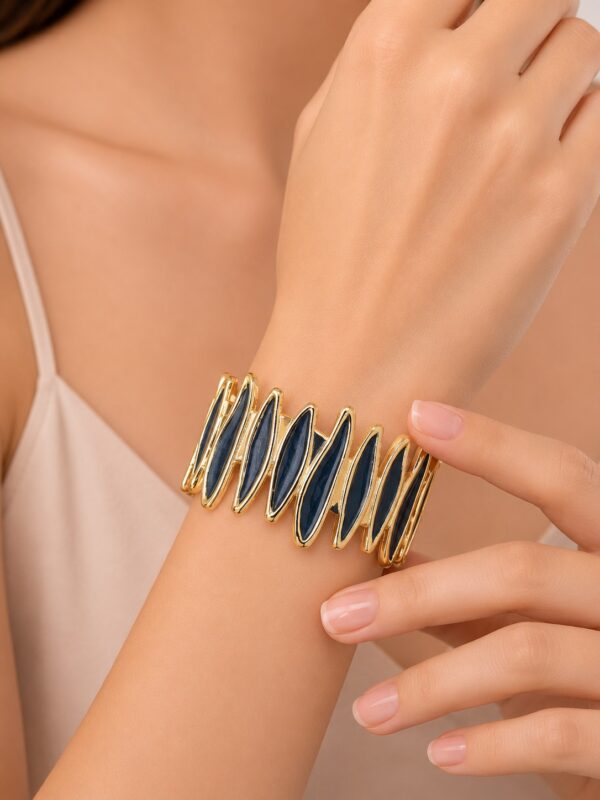 Modern Geometric Gold-Plated Hinged Cuff Bracelet with Navy Blue Enamel