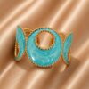 Elegant Beaded Geometric Marbled Turquoise Enamel Gold Hinged Cuff Bracelet