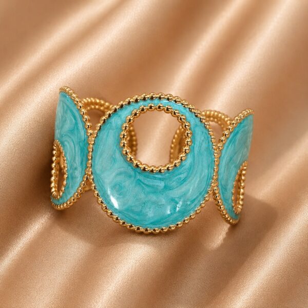 Elegant Beaded Geometric Marbled Turquoise Enamel Gold Hinged Cuff Bracelet