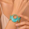 Elegant Beaded Geometric Marbled Turquoise Enamel Gold Hinged Cuff Bracelet