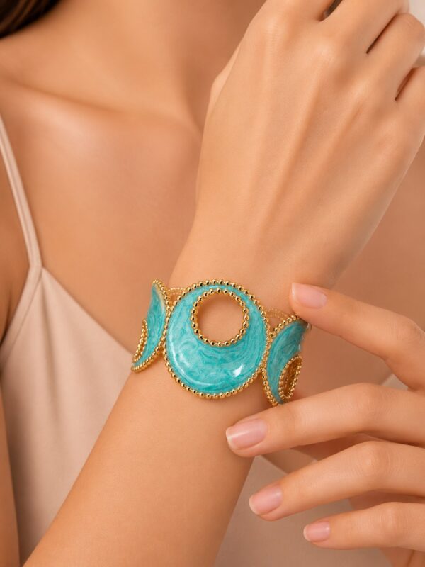 Elegant Beaded Geometric Marbled Turquoise Enamel Gold Hinged Cuff Bracelet