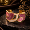 Gold Plated Pink & White Enamel Statement Cuff Bracelet for Women | Designer Abstract Open Cuff | Luxury Fashion Jewelry