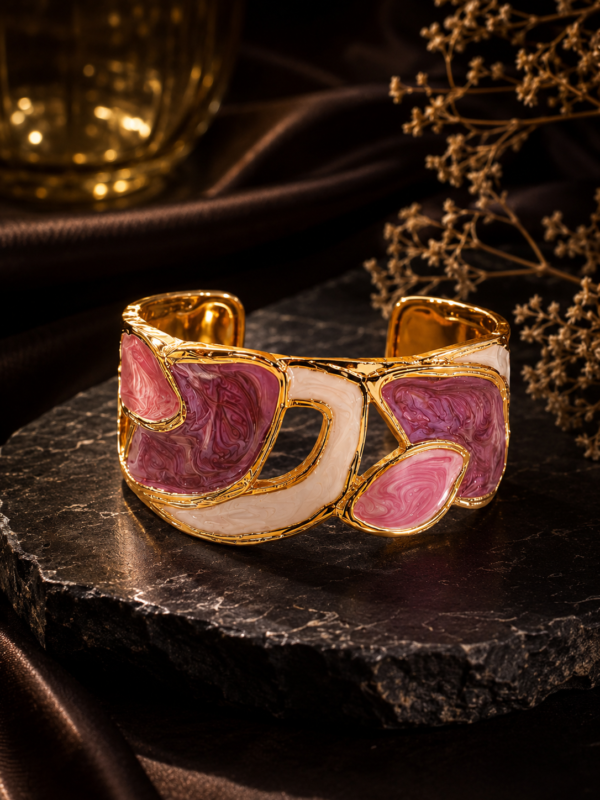 Gold Plated Pink & White Enamel Statement Cuff Bracelet for Women | Designer Abstract Open Cuff | Luxury Fashion Jewelry
