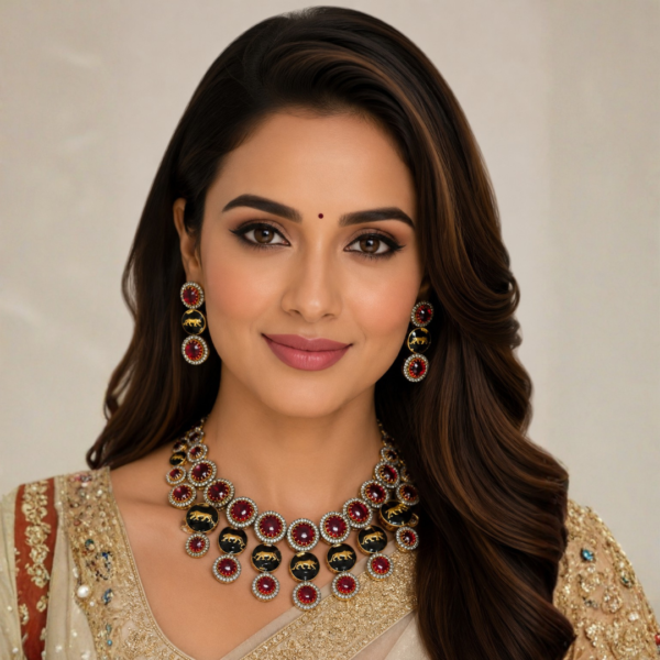Untitled design (11) Luxury Antique Style Ruby Red Bridal Jewelry Set | Kundan & Meenakari Choker with Matching Earrings