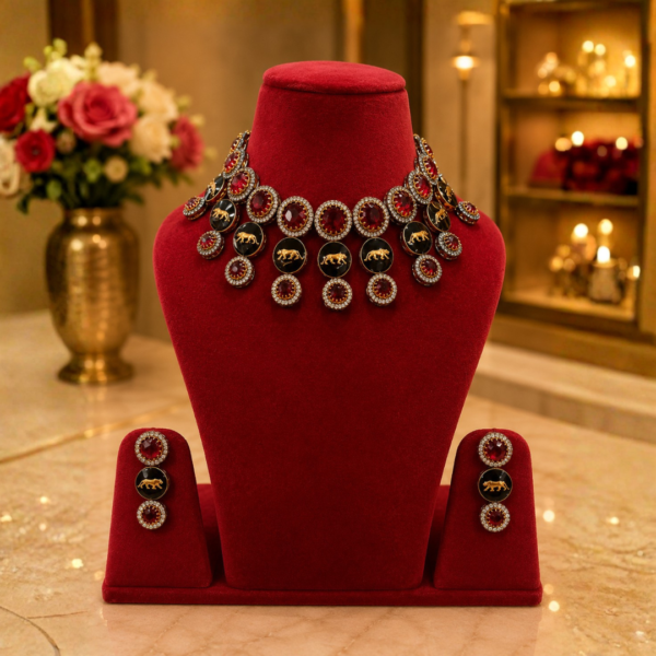 Untitled design (12) Luxury Antique Style Ruby Red Bridal Jewelry Set | Kundan & Meenakari Choker with Matching Earrings
