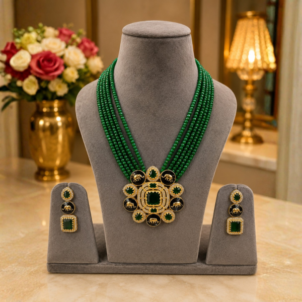oyal Multi-Layered Emerald Green Beads Mala with Golden Elephant Motif Pendant Set