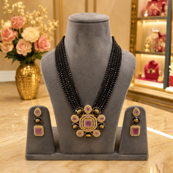 Untitled design (17) Royal Multi-Layered Black Beads Mala with Pastel Pink Stone & Elephant Motif Pendant