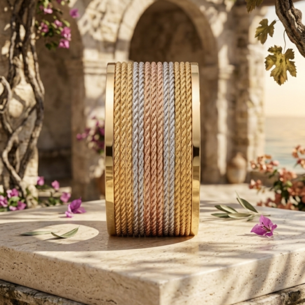 Untitled design - 2026-06-18T132137.872 Tri-Tone Twisted Texture Cuff Bracelet for Women | Gold, Rose Gold & Silver Plated Statement Bracelet