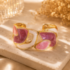 Gold Plated Pink & White Enamel Statement Cuff Bracelet for Women | Designer Abstract Open Cuff | Luxury Fashion Jewelry