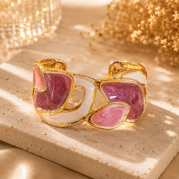 Gold Plated Pink & White Enamel Statement Cuff Bracelet for Women | Designer Abstract Open Cuff | Luxury Fashion Jewelry