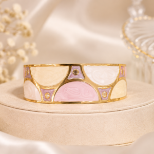 Untitled design - 2026-06-18T134212.931 Gold Plated Pink & White Enamel Bangle Bracelet for Women | Designer Geometric Cuff Bangle | Luxury Fashion Jewelry