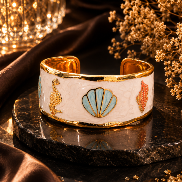 Untitled design - 2026-06-18T135011.064 Gold Plated Ocean Theme Enamel Cuff Bracelet for Women | Seashell & Seahorse Designer Open Cuff | Luxury Statement Jewelry