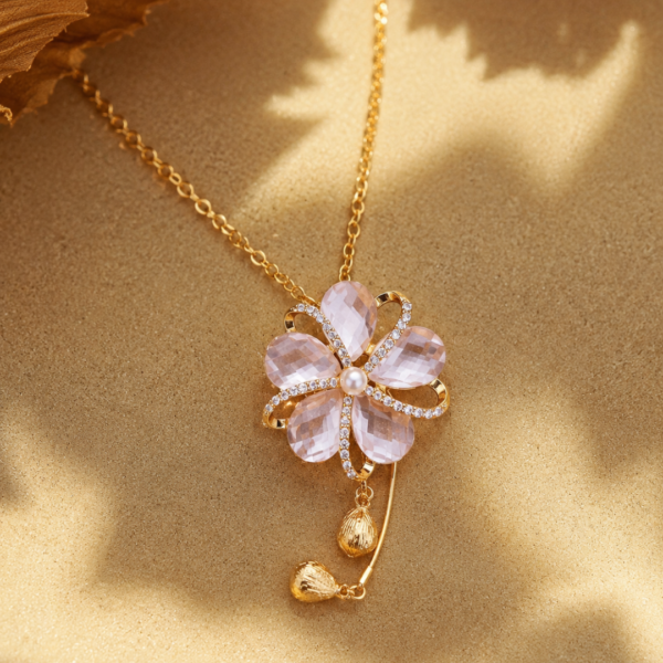 Gold Plated Pink Crystal Flower Pendant Necklace for Women | Floral Pearl Pendant Chain | Elegant Fashion Jewelry