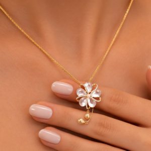 Untitled design - 2026-06-18T135747.524 Gold Plated Pink Crystal Flower Pendant Necklace for Women | Floral Pearl Pendant Chain | Elegant Fashion Jewelry