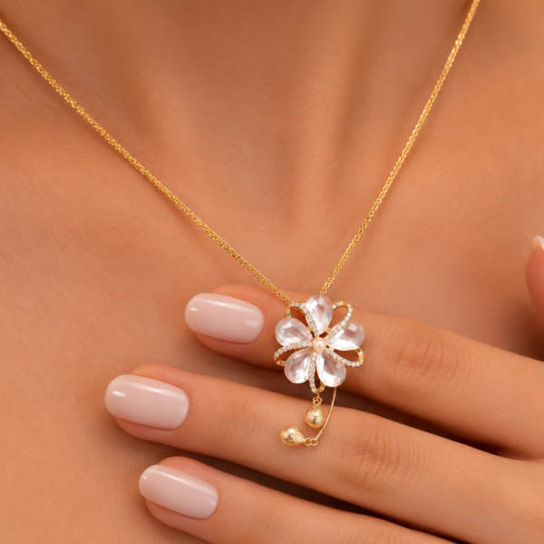 Gold Plated Pink Crystal Flower Pendant Necklace for Women | Floral Pearl Pendant Chain | Elegant Fashion Jewelry