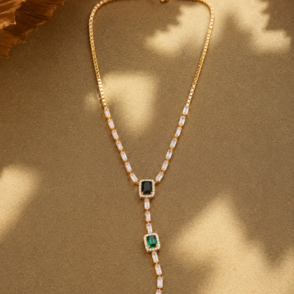 Untitled design - 2026-06-18T140100.067 Gold Plated Emerald & Black Stone Drop Pendant Necklace for Women | Geometric CZ Chain Necklace | Elegant Fashion Jewelry