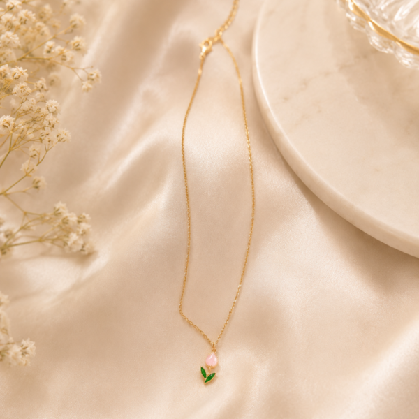Untitled design - 2026-06-18T144130.928 Gold Plated Pink Tulip Pendant Necklace for Women | Minimalist Floral Necklace | Elegant Everyday Jewelry