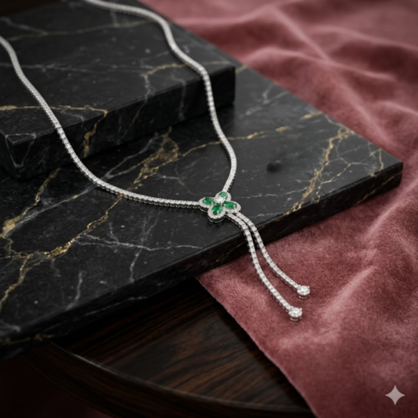 Untitled design - 2026-06-18T154256.474 Silver Plated Green Clover Pendant Necklace for Women | Emerald Crystal Tassel Necklace | Elegant Statement Jewelry