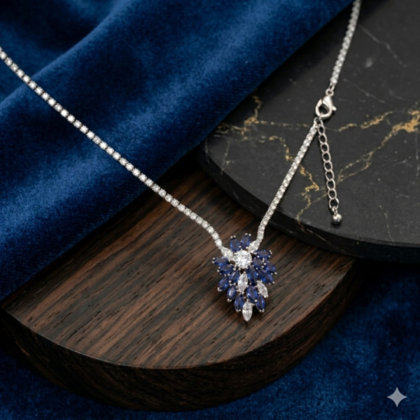 Silver Plated Blue Sapphire Flower Pendant Necklace for Women | CZ Floral Statement Necklace | Elegant Party Jewelry