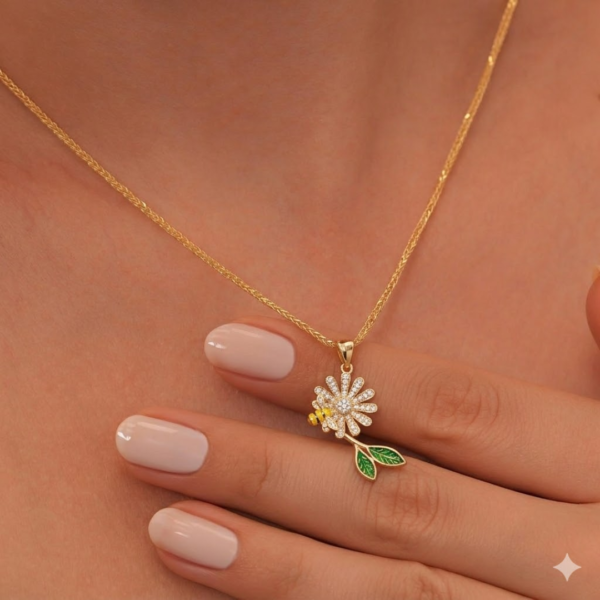 Gold Plated Daisy Flower & Bee Pendant Necklace for Women | Crystal Floral Necklace | Nature Inspired Pendant Jewelry