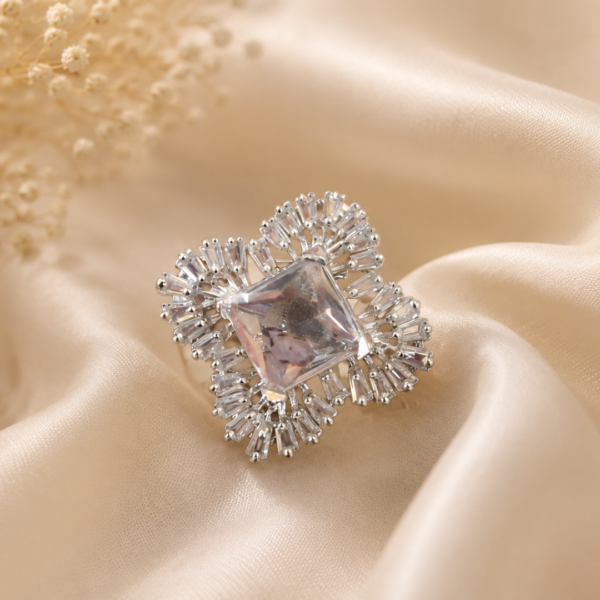 Untitled design - 2026-06-19T134319.729 Silver Plated Princess Cut Crystal Statement Ring for Women | Luxury CZ Cocktail Ring | Adjustable Fashion Ring